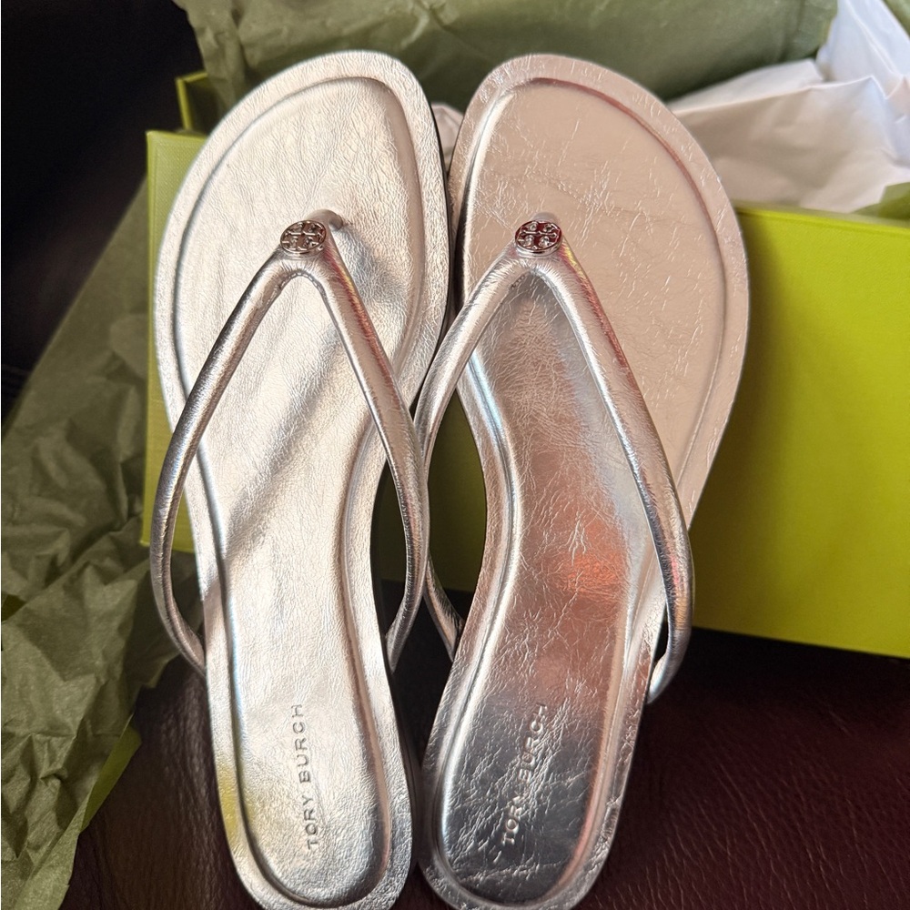 Tory Burch Metallic Silver Logo Thong Sandals